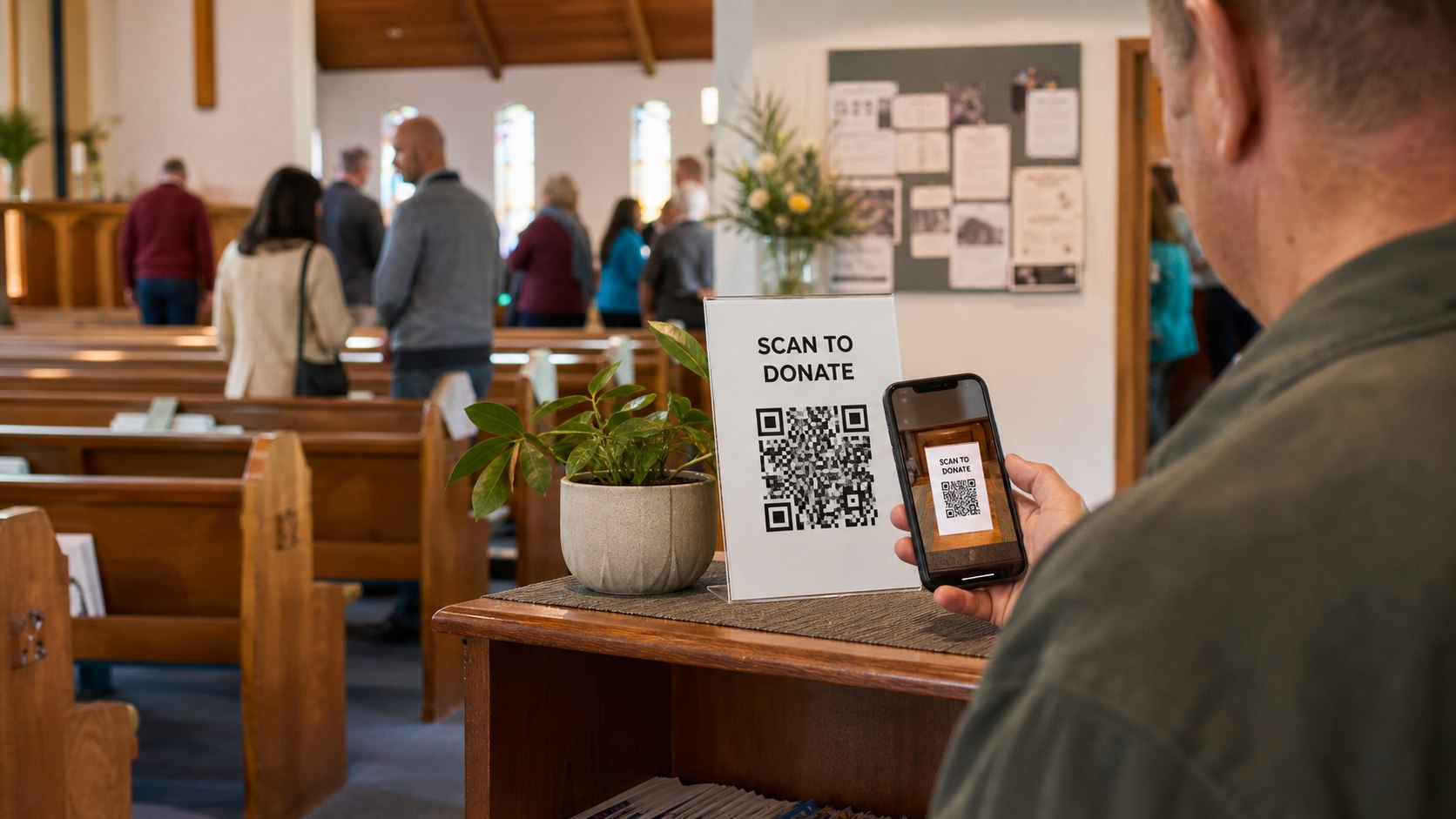 A church visitor scanning a Scan to Donate QR code