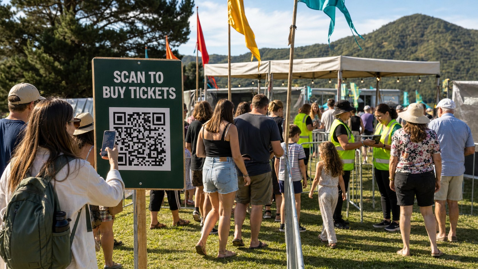 Festival attendees scanning a Scan to Buy Tickets QR sign near staffed event gates