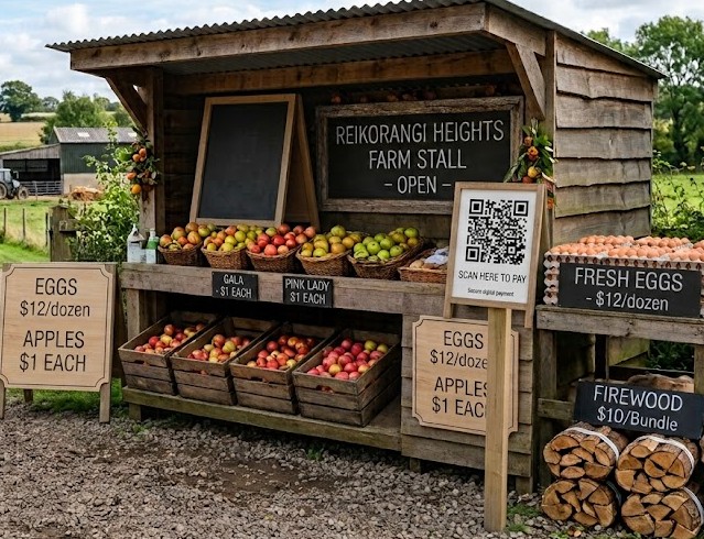 Roadside farm stall selling eggs, apples, and firewood with a ScanPay QR payment sign