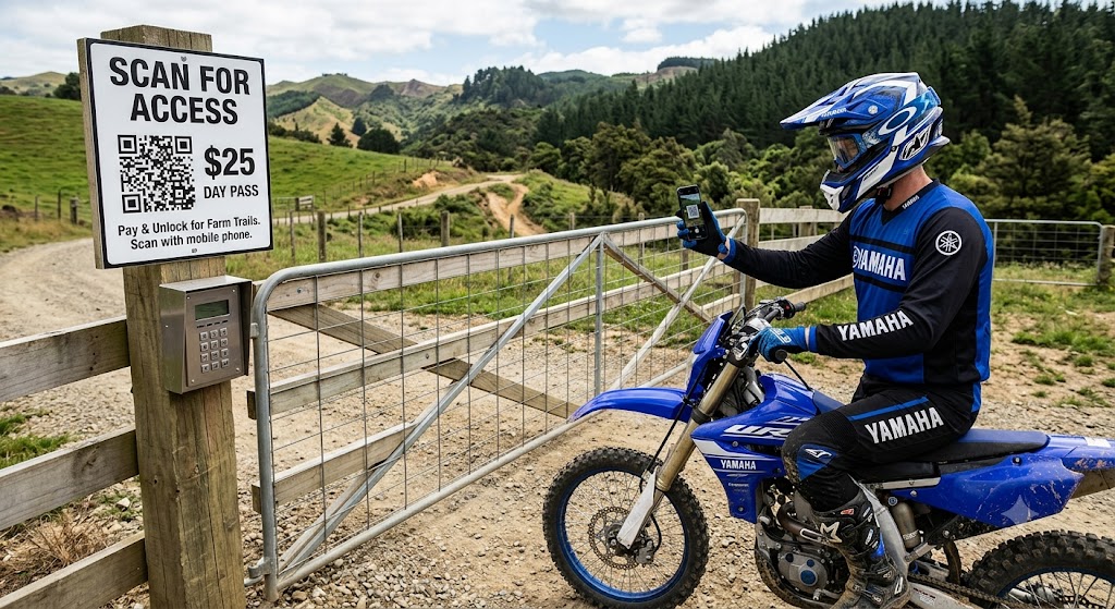Motorcycle rider scanning a $25 QR access pass at a gated New Zealand farm trail