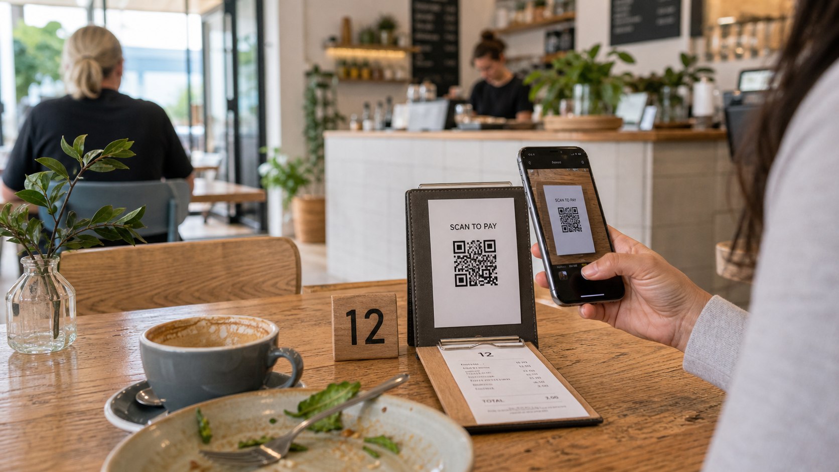 Customer scanning a pay-at-table QR code beside a cafe bill and table number 12
