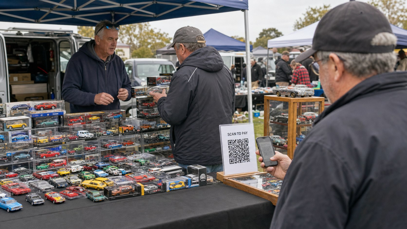 Diecast collectables trader accepting a ScanPay QR payment at a weekend market