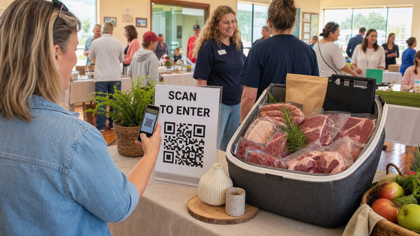 Community supporter scanning a raffle entry QR code beside a meat-box prize