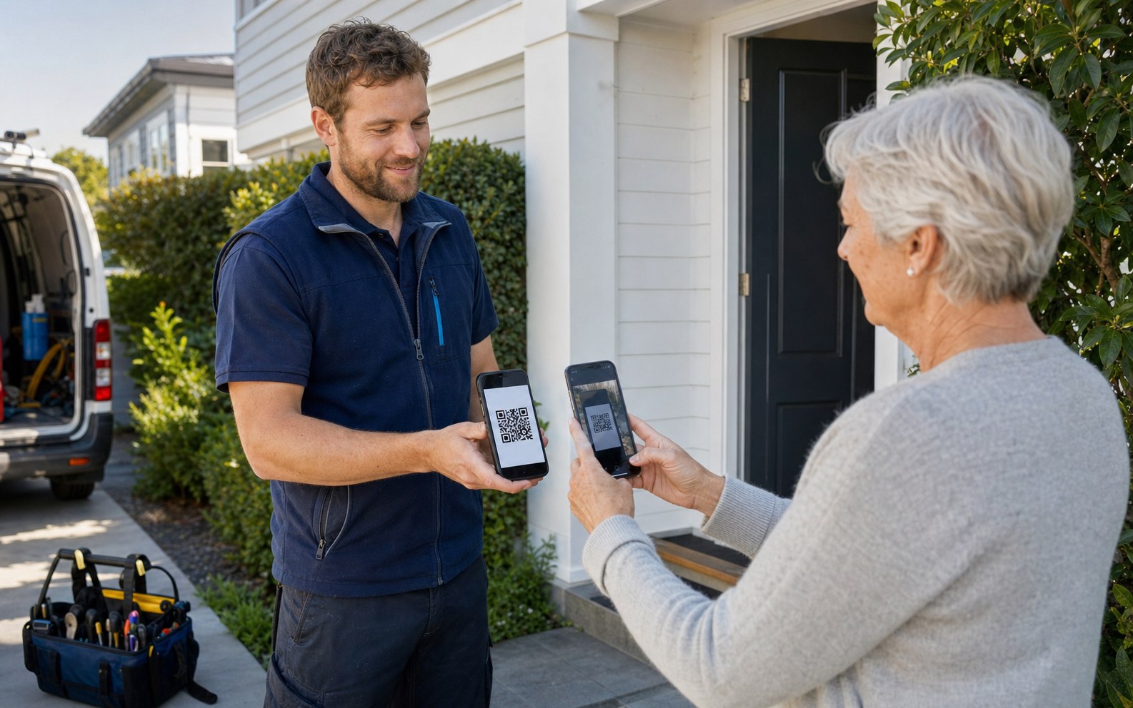 Older customer scanning a QR payment code shown on a tradie's phone