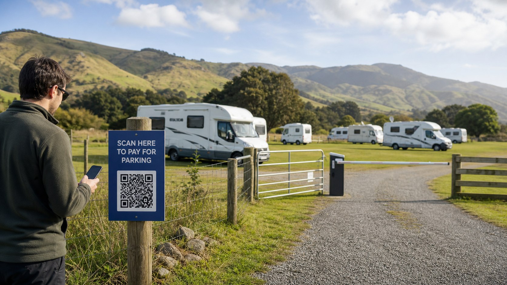 Campervan field with a Scan Here to Pay for Parking QR sign and boom gate